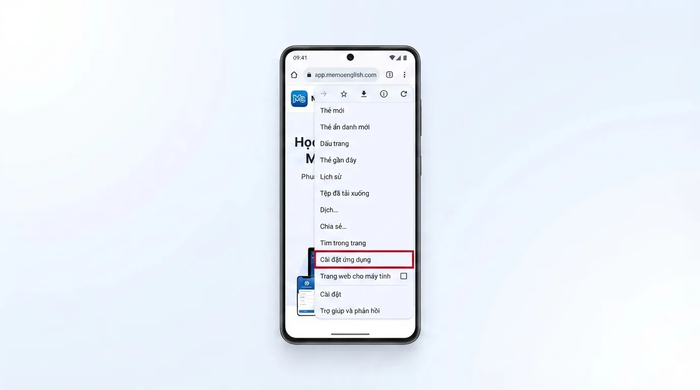 Menu Chrome đang mở, mục cài đặt ứng dụng ở cuối danh sách