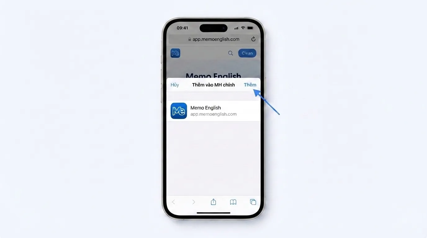 Hộp thoại Add to Home Screen hiện tên Memo English và nút Thêm